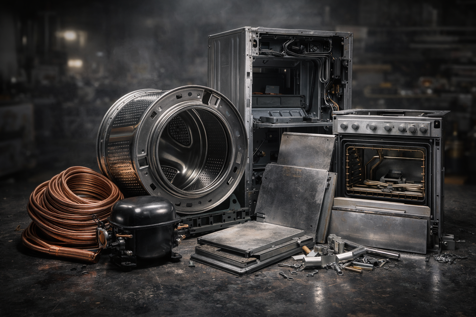 How much metal is in household appliances: fridge, washing machine, stove